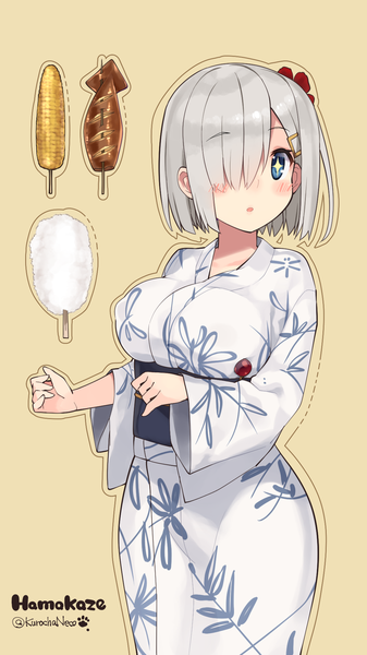 Anime picture 1080x1920 with kantai collection hamakaze destroyer kuro chairo no neko single tall image blush fringe short hair breasts open mouth blue eyes light erotic simple background large breasts standing signed payot silver hair traditional clothes japanese clothes
