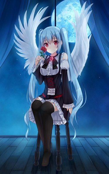 Anime picture 602x960 with original hiiragi hajime single tall image looking at viewer blush fringe breasts red eyes twintails holding blue hair bent knee (knees) long sleeves very long hair night wide sleeves :o no shoes zettai ryouiki