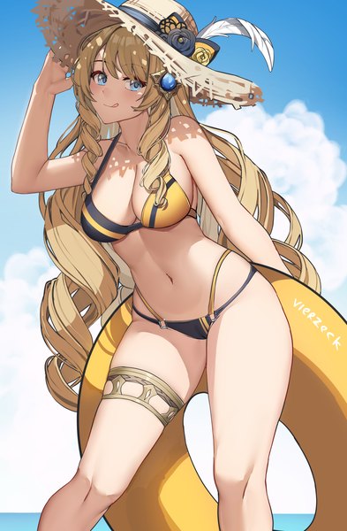 Anime picture 3696x5648 with genshin impact navia (genshin impact) vierzeck single long hair tall image looking at viewer blush highres breasts blue eyes light erotic blonde hair smile large breasts standing signed absurdres sky cloud (clouds)
