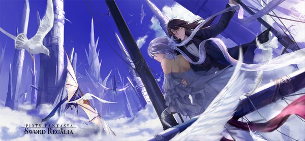 Anime picture 1800x834 with pixiv fantasia sword regalia kzcjimmy long hair highres short hair open mouth red eyes brown hair wide image yellow eyes sky silver hair cloud (clouds) profile light smile wind grey hair from behind orange hair inscription