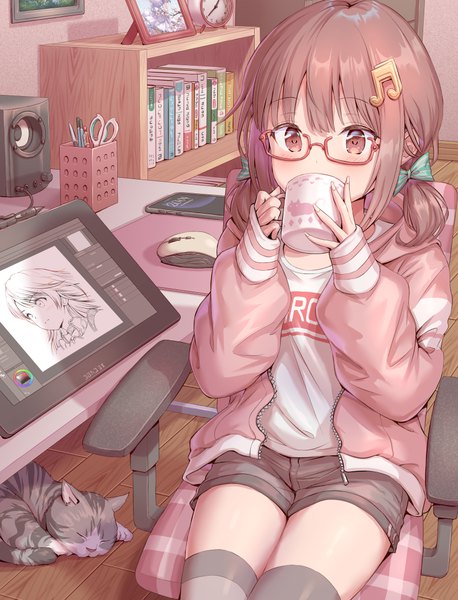 Anime picture 829x1086 with original hirokazu (analysis-depth) single tall image looking at viewer blush fringe short hair brown hair sitting twintails holding indoors fingernails shadow low twintails clothes writing drawing girl thighhighs