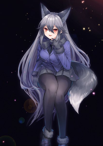 Anime picture 1254x1771 with kemono friends silver fox (kemono friends) coyucom single long hair tall image looking at viewer blush fringe open mouth simple background hair between eyes brown eyes animal ears payot tail :d animal tail grey hair fur trim