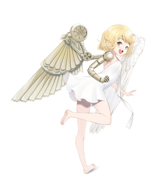 Anime picture 3126x3508 with original cassie (acerailgun) jubi (regiana) single tall image looking at viewer highres short hair open mouth simple background blonde hair smile white background signed absurdres full body barefoot grey eyes angel wings running