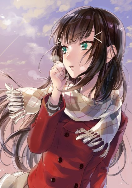 Anime picture 1500x2121 with love live! sunshine!! sunrise (studio) love live! kurosawa dia sudach koppe single long hair tall image fringe brown hair green eyes looking away sky upper body outdoors wind exhalation girl scarf plaid scarf