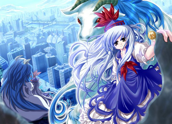 Anime picture 1500x1080 with touhou kamishirasawa keine fringe sky from above city cityscape girl tagme