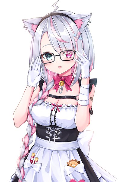 Anime picture 668x1000 with virtual youtuber indie virtual youtuber lolo (vtuber) shichi (tarakochan-medo) single long hair tall image looking at viewer simple background white background animal ears cleavage silver hair upper body ahoge braid (braids) multicolored hair two-tone hair streaked hair heterochromia