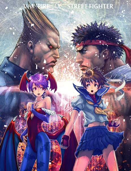 Anime picture 770x1000 with street fighter vampire / darkstalkers (game) capcom lilith aensland ryu (street fighter) kasugano sakura demitri maximoff boyaking(sbf) tall image short hair open mouth black hair blonde hair red eyes brown hair bare shoulders multiple girls brown eyes looking away purple hair