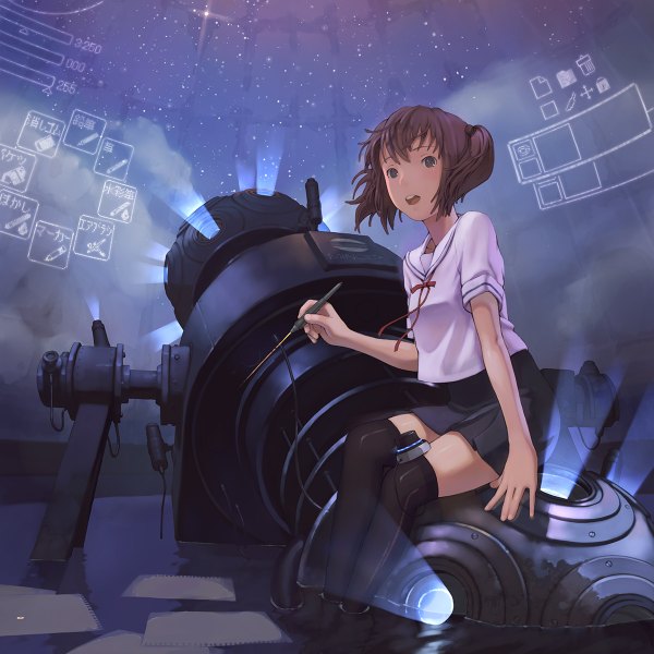 Anime picture 1200x1200 with original shizuma yoshinori single open mouth brown hair sitting twintails sky grey hair mechanical girl thighhighs skirt uniform school uniform water serafuku star (stars)