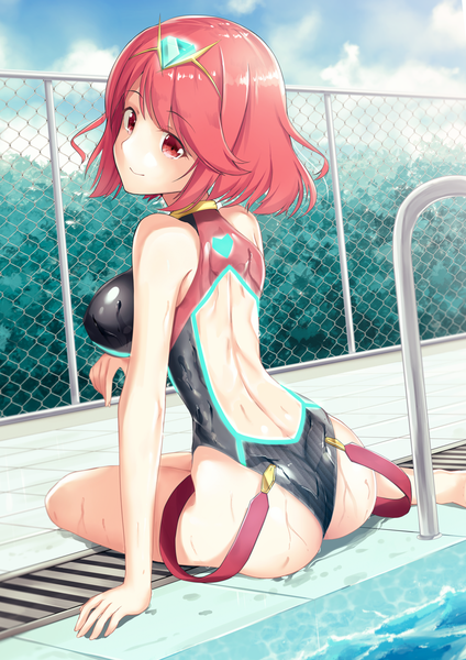 Anime picture 1000x1415 with xenoblade xenoblade 2 pyra (xenoblade) pyra (pro swimmer) (xenoblade) joko jmc single tall image looking at viewer blush fringe short hair breasts light erotic smile hair between eyes red eyes large breasts sitting bare shoulders sky