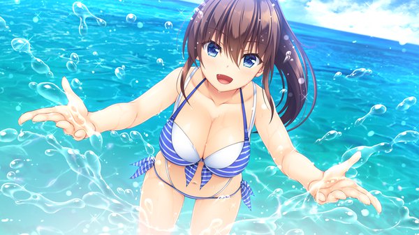Anime picture 1280x720 with natural vacation hibiki works sarashina yuzuki asami asami single long hair looking at viewer fringe breasts open mouth blue eyes light erotic hair between eyes brown hair wide image large breasts game cg spread arms girl swimsuit
