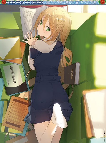 Anime picture 1920x2588 with original akinashi yuu single long hair tall image looking at viewer highres blonde hair green eyes lying scan legs girl socks book (books) white socks couch