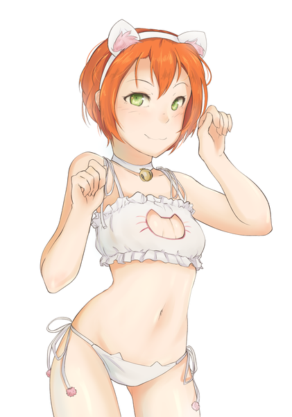 Anime picture 1312x1868 with love live! school idol project sunrise (studio) love live! hoshizora rin tiribrush single tall image looking at viewer blush fringe short hair light erotic simple background smile hair between eyes standing white background green eyes animal ears cat ears
