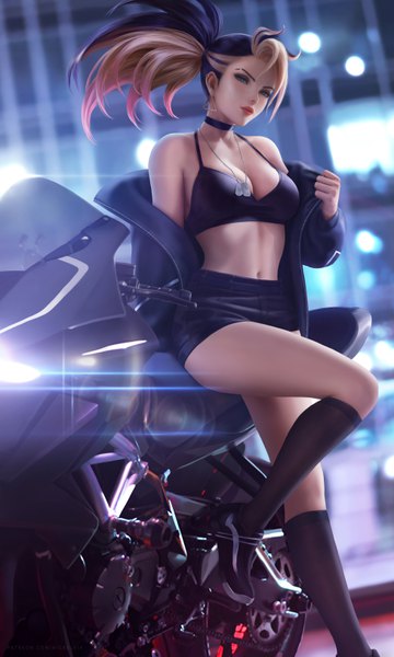 Anime picture 3900x6500 with league of legends k/da (league of legends) akali (league of legends) the baddest akali wickellia single long hair tall image looking at viewer fringe highres breasts blue eyes light erotic black hair blonde hair large breasts sitting signed absurdres