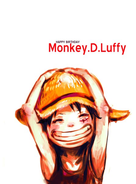 Anime picture 1347x1811 with one piece toei animation monkey d. luffy tsuyomaru single tall image blush short hair black hair simple background smile white background eyes closed inscription scar alternate age younger boy hat child (children)
