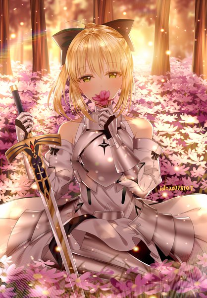 Anime picture 1000x1434 with fate (series) fate/unlimited codes artoria pendragon (all) saber lily junpaku karen single long hair tall image looking at viewer blush fringe blonde hair hair between eyes standing sitting bare shoulders holding yellow eyes payot ahoge