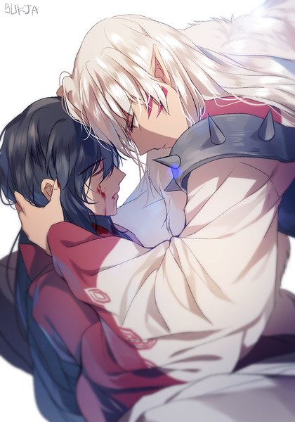 Anime picture 700x1000 with inuyasha sesshomaru inuyasha (character) inuyasha (human form) sorolp long hair tall image black hair simple background white background white hair eyes closed long sleeves traditional clothes japanese clothes pointy ears blurry wide sleeves multiple boys fur trim