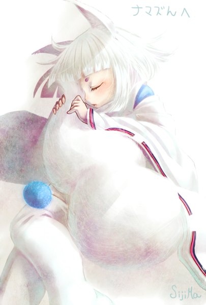 Anime picture 1000x1480 with tokyo ravens 8bit kon (tokyo ravens) single tall image blush short hair open mouth holding animal ears white hair tail eyes closed long sleeves traditional clothes animal tail cat ears cat tail sleeping girl
