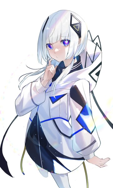Anime picture 1236x2048 with cevio kafu (cevio) murumuru (pixiv51689952) single long hair tall image looking at viewer fringe blue eyes simple background white background twintails silver hair blunt bangs low twintails girl hood