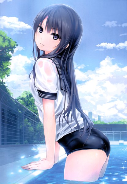 Anime picture 4803x6939 with original shiramine rika coffee-kizoku single long hair tall image looking at viewer fringe highres light erotic black hair hair between eyes absurdres sky cloud (clouds) outdoors ass black eyes scan arm support