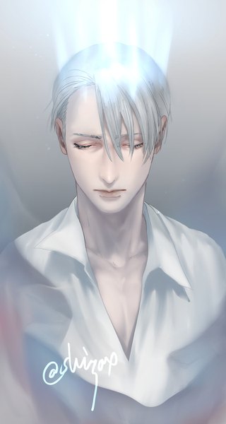 Anime picture 800x1500 with yuri!!! on ice mappa viktor nikiforov shizax single tall image fringe short hair simple background hair between eyes signed upper body eyes closed grey hair grey background partially open clothes glow boy shirt white shirt