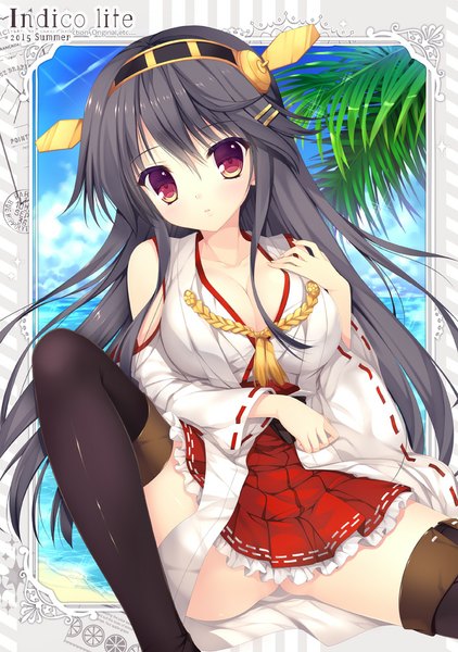 Anime picture 703x1000 with kantai collection haruna battleship mitha long hair tall image looking at viewer breasts light erotic black hair brown eyes cleavage pantyshot legs nontraditional miko girl thighhighs skirt hair ornament underwear panties