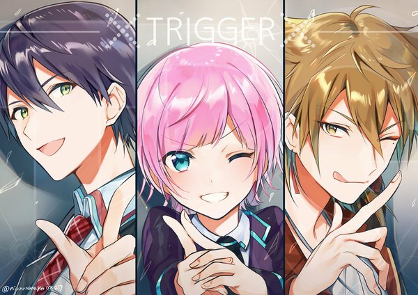 Anime picture 2251x1592 with virtual youtuber nijisanji kenmochi touya fushimi gaku yuuhi riri miyukiyo fringe highres short hair blue eyes black hair hair between eyes brown hair brown eyes green eyes signed pink hair one eye closed fingernails wink