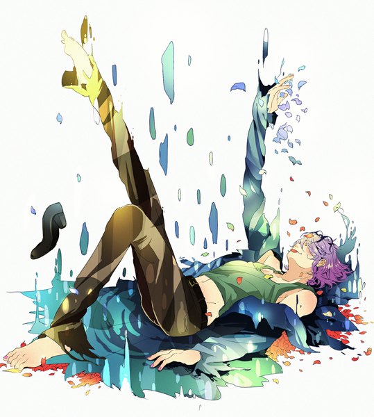 Anime picture 1000x1113 with ib (game) garry (ib) tall image short hair simple background smile white background purple hair lying barefoot hair over eyes boy navel petals