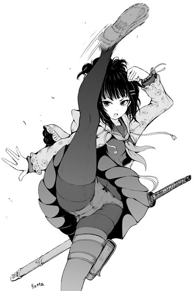 Anime picture 798x1198 with original batta (kanzume quality) single tall image looking at viewer fringe short hair open mouth light erotic simple background standing signed pleated skirt wind blurry open clothes open jacket pantyshot turning head monochrome