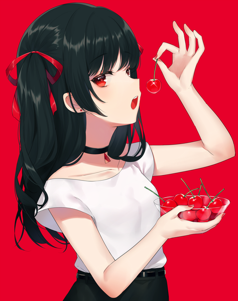 Anime picture 948x1200 with original achiki single long hair tall image looking at viewer blush fringe open mouth black hair simple background red eyes standing holding payot upper body nail polish profile arm up teeth