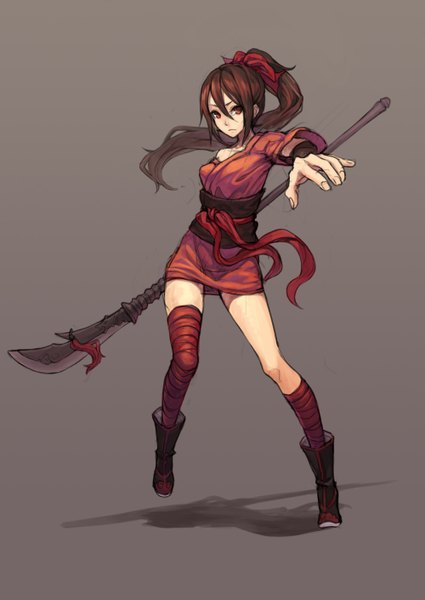 Anime picture 1000x1410 with original fkey single long hair tall image looking at viewer highres red eyes brown hair ponytail traditional clothes japanese clothes grey background shadow girl dress weapon shoes belt bandage (bandages)