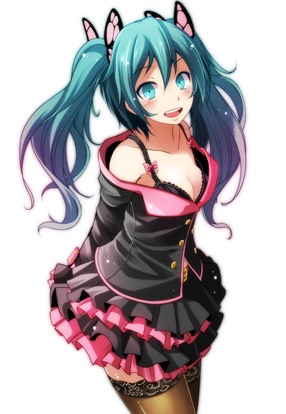 Anime-Bild 1796x2600 mit project diva project diva f vocaloid sweet devil (vocaloid) hatsune miku tsukishiro saika single long hair tall image looking at viewer blush fringe highres breasts open mouth light erotic simple background smile hair between eyes standing