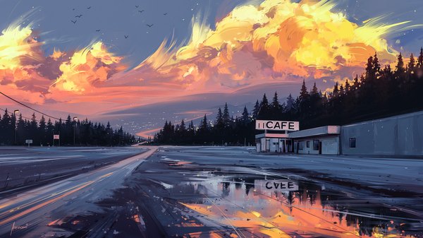 Anime picture 1920x1080 with original aenami highres wide image signed sky cloud (clouds) wallpaper reflection no people plant (plants) animal tree (trees) bird (birds) building (buildings) forest puddle