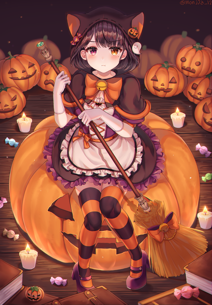 Anime picture 2850x4109 with original monjja single tall image looking at viewer blush highres short hair black hair sitting signed full body from above twitter username heterochromia halloween girl thighhighs food sweets