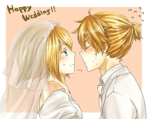 Anime picture 1280x1024 with vocaloid kagamine rin kagamine len tagme (artist) blush short hair blue eyes blonde hair smile eyes closed couple twins almost kiss incest twincest girl dress boy necklace wedding dress