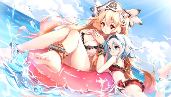 Anime picture 1892x1080 with fate (series) fate/grand order anne bonny (fate/grand order) mary read (fate/grand order) anne bonny (swimsuit archer) (fate) mary read (swimsuit archer) (fate) clouble long hair looking at viewer blush fringe highres short hair breasts blue eyes light erotic blonde hair smile hair between eyes red eyes