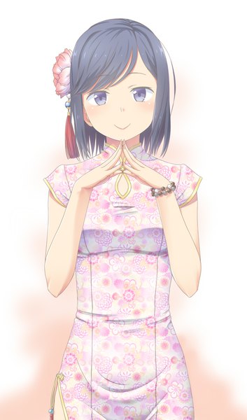 Anime picture 672x1140 with original uma (uma1111) single tall image looking at viewer blush short hair blue eyes black hair smile white background traditional clothes hair flower chinese clothes fingers together girl flower (flowers) chinese dress