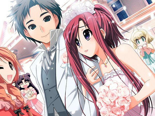 Anime picture 1024x768 with gengetsu no pandora aisaka shinorin amaizumi uni onikiri mahime aisaka fumiki nakayoshi chihoko long hair short hair black hair purple eyes green eyes game cg red hair couple girl dress boy wedding dress