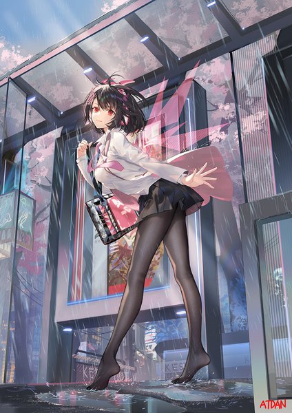 Anime-Bild 1131x1600 mit original atdan single tall image looking at viewer fringe short hair light erotic hair between eyes red eyes standing signed sky full body outdoors long sleeves light smile wind leaning no shoes