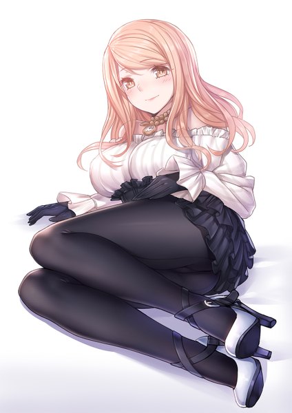 Anime picture 992x1403 with original pen (steelleets) single long hair tall image looking at viewer breasts light erotic large breasts white background pink hair pink eyes girl dress gloves pantyhose black gloves shoes