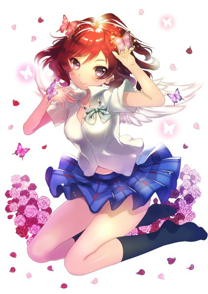 Anime picture 1007x1423 with love live! school idol project sunrise (studio) love live! nishikino maki hikari no single tall image looking at viewer blush fringe short hair white background purple eyes red hair light smile no shoes hand on head angel wings girl skirt