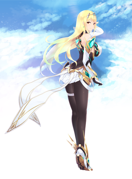 Anime picture 6614x8976 with xenoblade xenoblade 2 mythra (xenoblade) cait single long hair tall image looking at viewer blush fringe highres breasts light erotic blonde hair smile hair between eyes large breasts standing yellow eyes payot