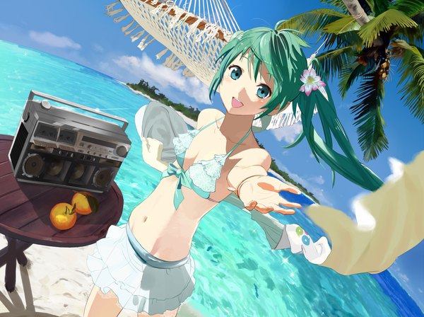 Anime picture 1194x893 with vocaloid hatsune miku shuku (artist) twintails hair flower aqua eyes green hair beach outstretched arm girl hair ornament swimsuit plant (plants) bikini tree (trees) water sea table palm tree orange (fruit)