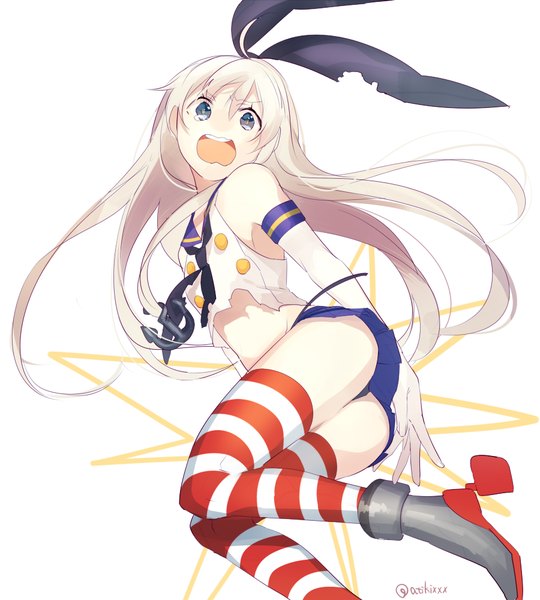 Anime picture 900x1000 with kantai collection shimakaze destroyer achiki single long hair tall image fringe blue eyes light erotic blonde hair bent knee (knees) looking back midriff reclining screaming girl thighhighs gloves elbow gloves boots