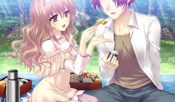 Anime picture 1024x600 with houkago kitchen long hair open mouth brown hair wide image brown eyes game cg red hair couple girl dress boy food obento omelet tamagoyaki