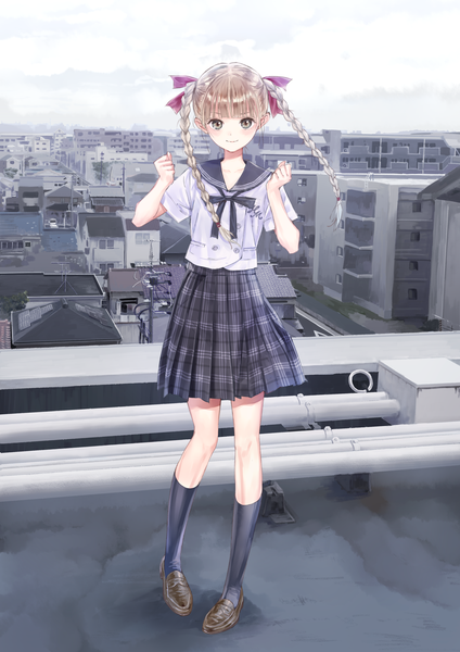 Anime picture 2893x4092 with blue reflection gust (company) shijou yuzuki kishida mel single long hair tall image looking at viewer blush highres brown hair standing twintails brown eyes braid (braids) light smile official art girl skirt uniform