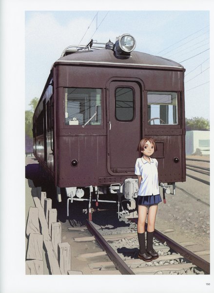 Anime picture 5092x6966 with futurelog (artbook) range murata single tall image looking at viewer highres short hair smile brown hair standing animal ears absurdres sky pleated skirt scan short sleeves grey eyes border hands behind back bob cut