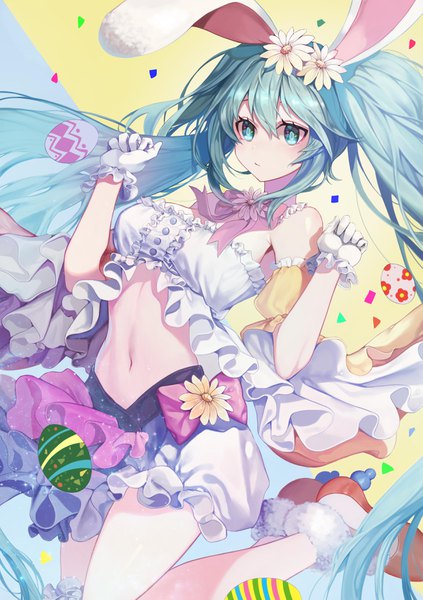 Anime picture 2479x3519 with vocaloid hatsune miku chicken (dalg-idalg) single tall image fringe highres hair between eyes twintails animal ears looking away very long hair hair flower aqua eyes aqua hair bare belly bunny ears jumping expressionless easter