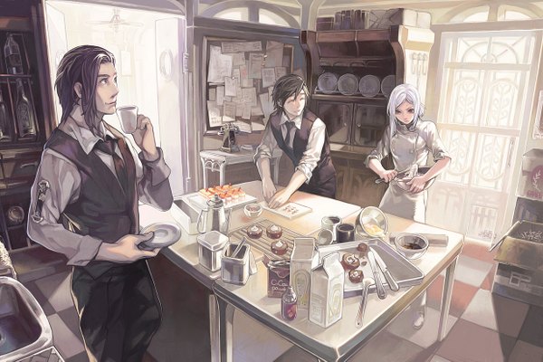 Anime picture 1240x827 with original aoin long hair short hair black hair red eyes white hair checkered floor floor checkered detailed girl boy food window sweets table suit cup knife