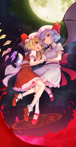 Anime picture 1000x1933 with touhou flandre scarlet remilia scarlet wukloo tall image short hair open mouth blonde hair red eyes multiple girls blue hair magic vampire girl dress skirt 2 girls wings socks moon