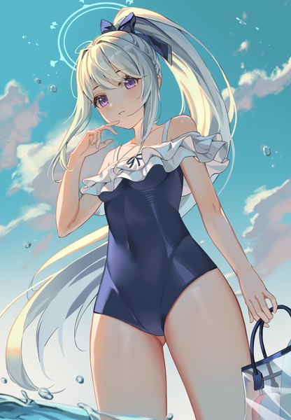 Anime picture 3513x5072 with blue archive miyako (blue archive) miyako (swimsuit) (blue archive) al guang single tall image looking at viewer highres light erotic standing purple eyes absurdres sky silver hair cloud (clouds) ponytail very long hair from below partially submerged official alternate costume